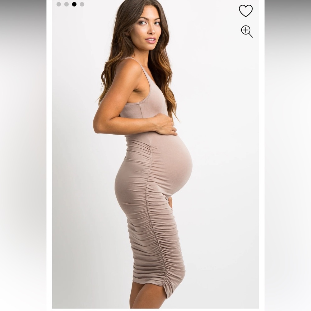 Mocha Solid Ruched Fitted Maternity Bodycon Midi … - image 3